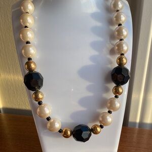 Vintage faux big Pearl and Gold Necklace with Black Accents
